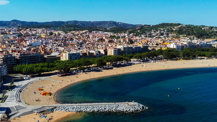 Aerial view in Sant Feliu de Guixols, coastal village of Costa Brava, Girona. Catalonia,Spain.Drone Photo