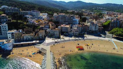 Aerial view in Sant Feliu de Guixols, coastal village of Costa Brava, Girona. Catalonia,Spain.Drone...