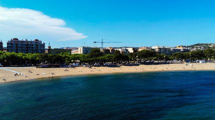 Aerial view in Sant Feliu de Guixols, coastal village of Costa Brava, Girona. Catalonia,Spain.Drone Photo