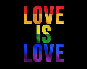 Rainbow LGBT cloth and text of "LOVE IS LOVE" Colorful symbol of LGBTQ is waving behind text. 