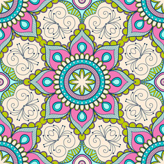 Decorative colorful ethnic seamless pattern for fabric or wrapping in oriental style. Hand drawn illustration