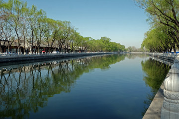 Wonderful shore reflection at Houhai Park in Beijing,China.	