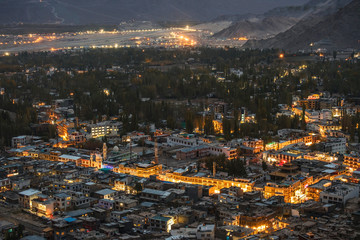 Beautiful City landscape in Night Time of Leh Ladakh District ,Norther part of India