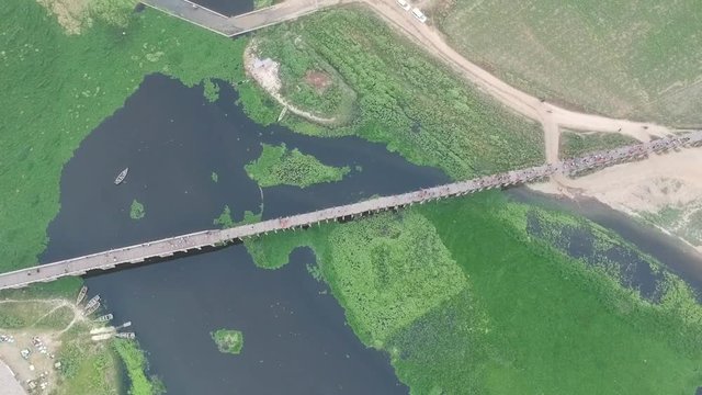 drone image of the wooden u bein bridge in Amarapura, Myanmar. From above
