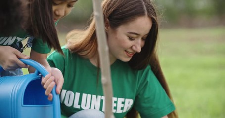 Three volunteers of different age planting tree in park. Young activists participating in tree-planting campaign, saving ecology - slow motion 4k