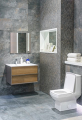Modern spacious bathroom with bright tiles with toilet and sink.