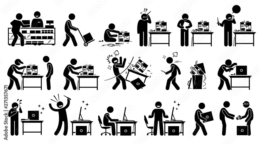 Fototapete man fixing, repairing, setup, and assembling a new pc by custom build the computer. vector artwork d
