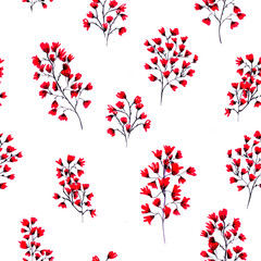 Red watercolor abstract flowers seamless pattern with black stems on white background.  Endless wrapping paper, hand drawn buttons.