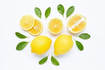 lemon and slices with leaves isolated on white.