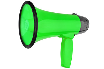 Green megaphone on white background isolated close up, hand loudspeaker design, loudhailer or speaking trumpet illustration, announce or attention symbol, communication icon, ecological  problems sign