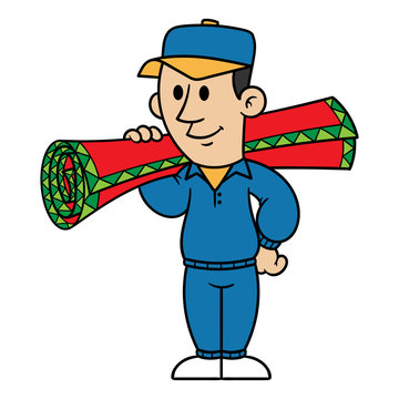 Cartoon Man Carrying Carpet Roll