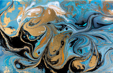 Blue and black marbling pattern. Golden marble liquid texture.