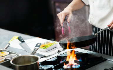 Chef preparing food in the kitchen, chef cooking, closeup