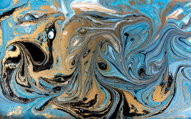 Blue and black marbling pattern. Golden marble liquid texture.