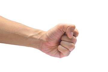 Man's hand, closed up fist on white background