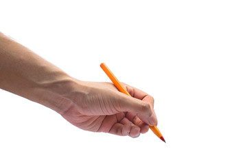 Male hand with red pen on white background
