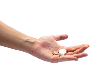 Hand with coins on white background.