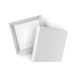 Opened delivery cardboard box with cap mockup. Top view of blank paper empty box isolated on white background. Realistic 3d pasteboard cube container with shadow vector illustration. Gift packaging