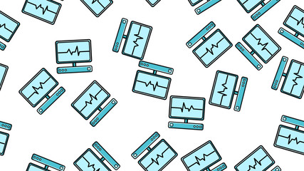 Seamless pattern texture of endless repetitive scientific medicine with the pulse and cardiogram of modern digital laptop computers with monitors on a white background. Vector illustration