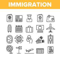 Immigration, Abroad Travel Vector Linear Icons Set. Immigration, Foreign Country Trip Outline Symbols Pack. International Airline, Travel Agency. Border Control Isolated Contour Illustrations