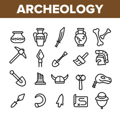 Obraz premium Archeological Tools And Excavations Vector Linear Icons Set. Archeology Science Outline Symbols Pack. Archeologist Equipment. Antique Greek Pottery, Historical Artifacts Isolated Contour Illustrations
