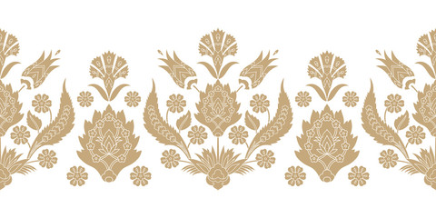 Turkish arabic pattern vector seamless border. Damask texture design with flowers motifs. Islamic floral texture for wallpaper, home textile and interior decoration. - obrazy, fototapety, plakaty