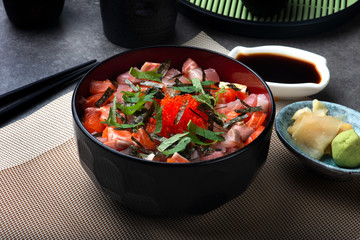 Salmon Don a bowl of rice with sashimi on top