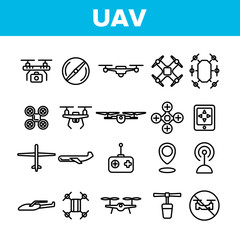 UAV, Remote Control Drones Vector Linear Icons Set. UAV, Unmanned Aircraft System Outline Symbols Pack. High Tech, GPS Navigation. Modern Delivery Service Technology Isolated Contour Illustrations