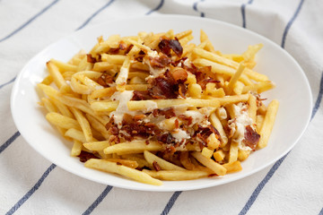 French fries with cheese sauce and bacon on a white plate, side view. Close-up