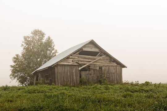 Old Barn House On a Foggy Summer Morning