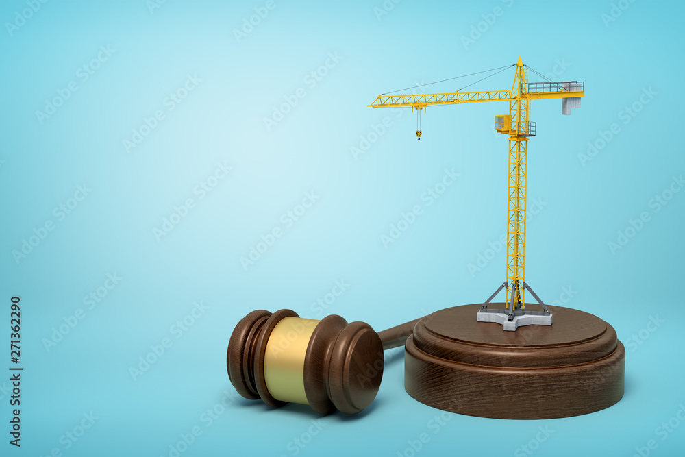 Poster 3d rendering of small construction crane standing on sounding block with judge gavel beside the bloc