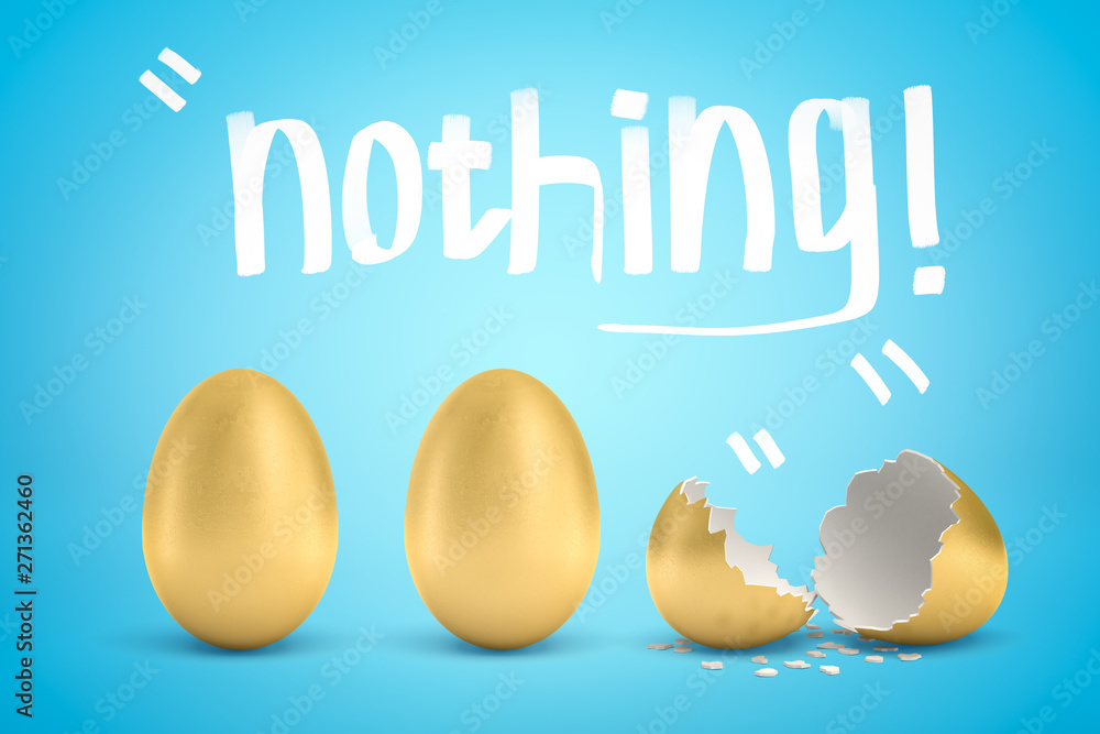 Poster 3d rendering of two whole golden eggs and one broken golden egg with nothing title above them on lig