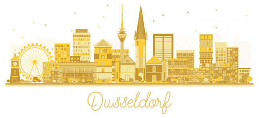 Naklejka premium Dusseldorf Germany City Skyline Silhouette with Golden Buildings Isolated on White.