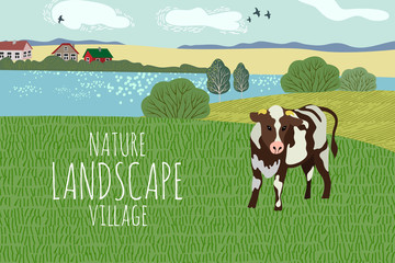Freehand drawing of a summer day in the village. Cute vector illustration of a rural landscape with cow, trees, lake and grass.