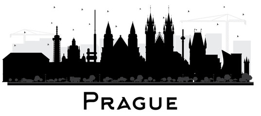 Prague Czech Republic City Skyline Silhouette with Black Buildings Isolated on White.