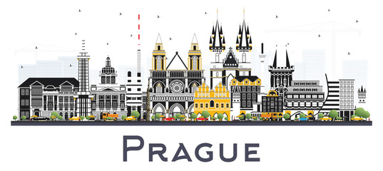 Obraz premium Prague Czech Republic City Skyline with Color Buildings Isolated on White.