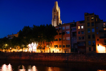 Girona, city of Catalonia  at night. Spain