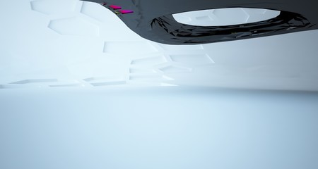 Abstract white, black and colored gradient interior multilevel public space with window. 3D illustration and rendering.