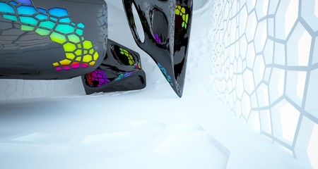 Abstract white, black and colored gradient  interior multilevel public space with window. 3D illustration and rendering.