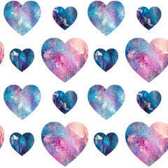 Seamless watercolor hand painted hearts pattern in cold pastel colors. Romantic texture in pastel colors hand drawn