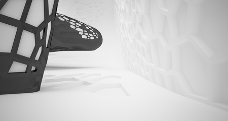 Abstract white and black interior multilevel public space with window. 3D illustration and rendering.