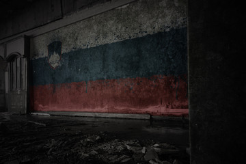 painted flag of slovenia on the dirty old wall in an abandoned ruined house.