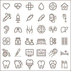 Set of medical and hospital Icons line style.  Contains such Icons as injection, medicine, pill, cure, tablet, intravenous drip, ear, hospitalization And Other Elements. 