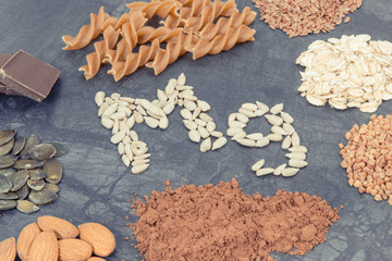 Nutritious eating containing magnesium. Healthy nutrition as source vitamins, minerals and fiber