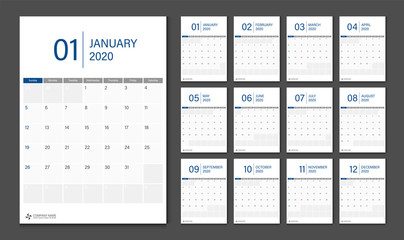 Calendar 2020 week start Sunday corporate design planner template.