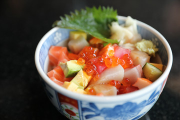 Mix sushi donburi in bowl , Japanese food