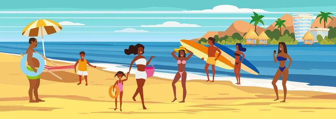 Obraz premium People at beach womens mens kids on seashore relaxing and performing leisure outdoor activities