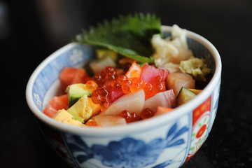 Mix sushi donburi in bowl , Japanese food