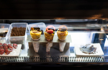 Dessert, chocolate, beautifully placed in the tray ready for sale.