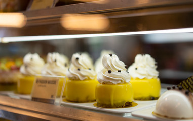 Dessert, chocolate, beautifully placed in the tray ready for sale.